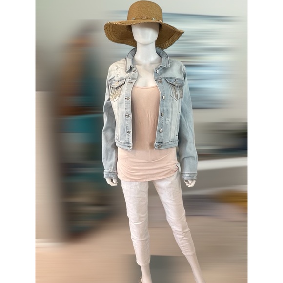 Super cute rhinestone fringe jean jacket S M L - Picture 6 of 7